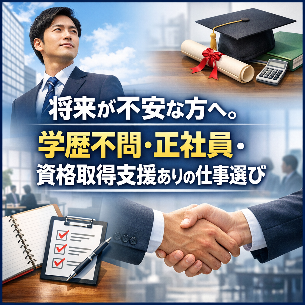 将来が不安な方へ。学歴不問・正社員・資格取得支援ありの仕事選び