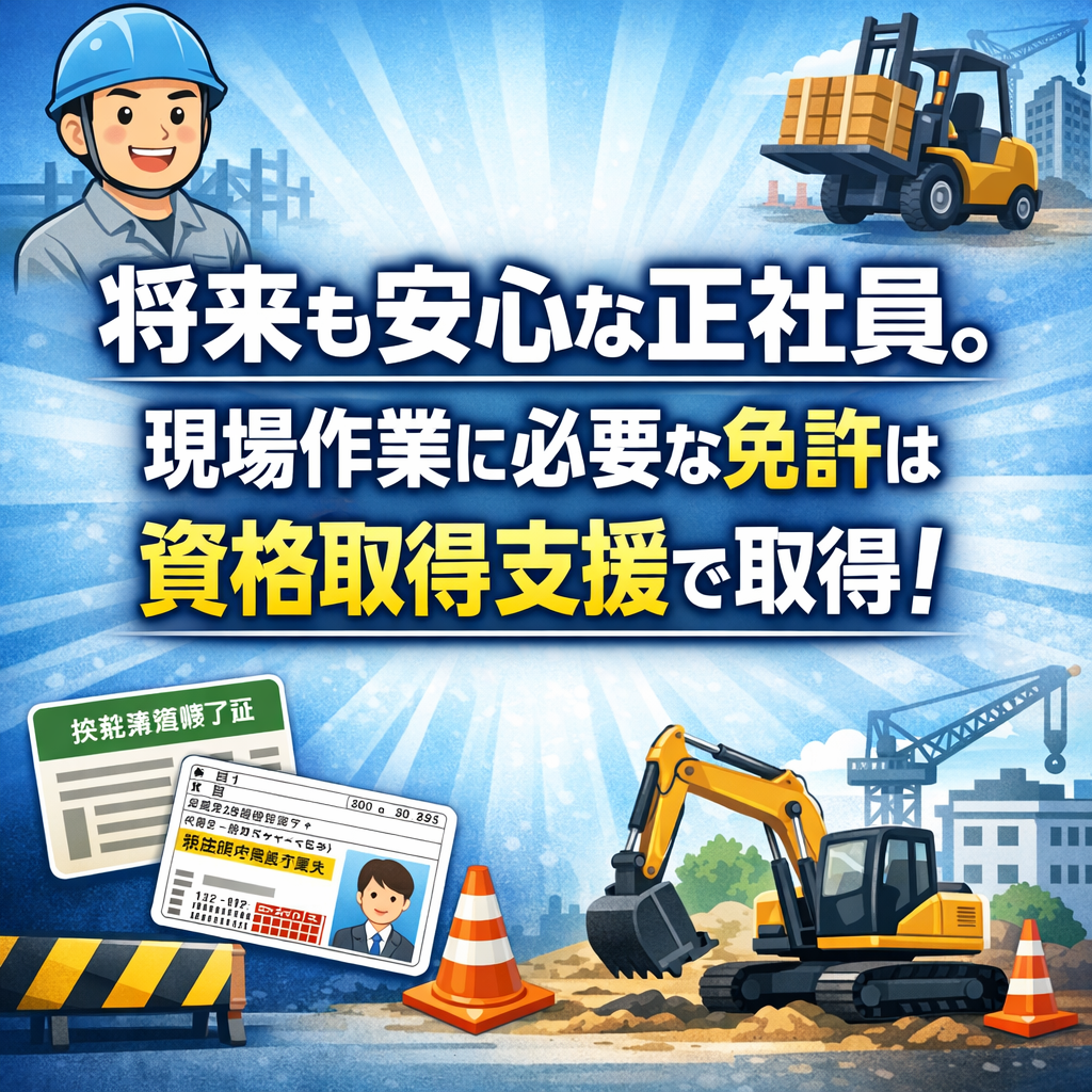 将来も安心な正社員。現場作業に必要な免許は資格取得支援で取得！