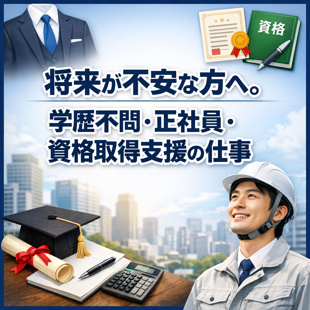 将来が不安な方へ。学歴不問・正社員・資格取得支援の仕事