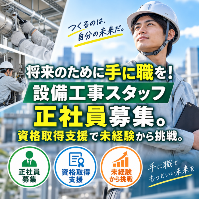 将来のために手に職を！設備工事スタッフ正社員募集。資格取得支援で未経験から挑戦。