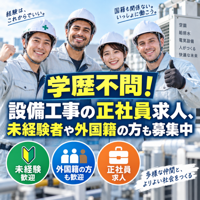 学歴不問！設備工事の正社員求人、未経験者や外国籍の方も募集中
