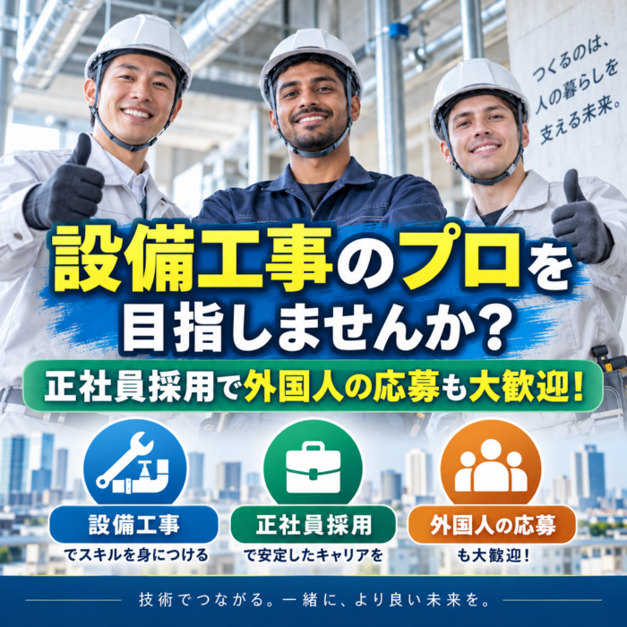 設備工事のプロを目指しませんか？正社員採用で外国人の応募も大歓迎！