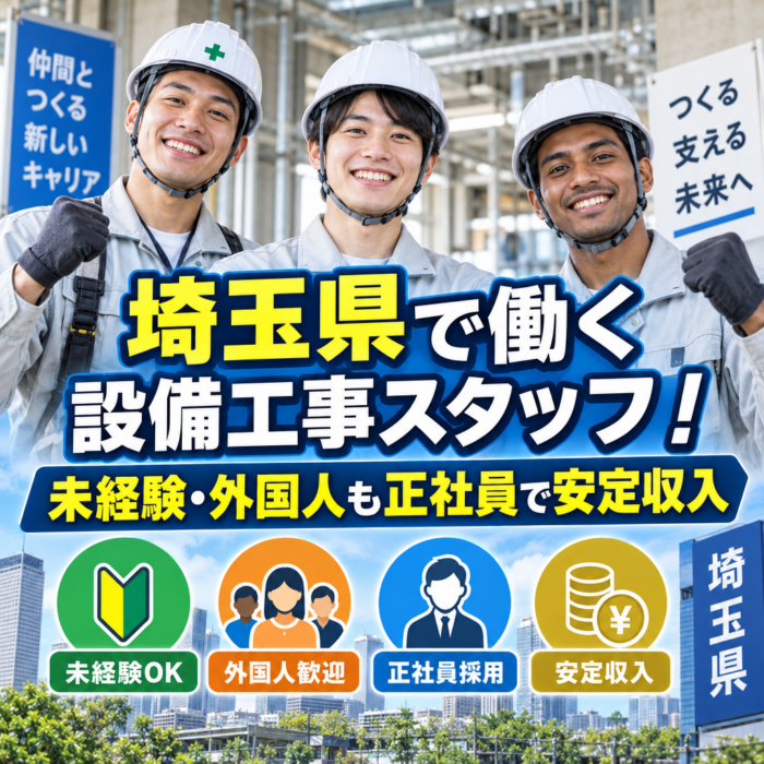 埼玉県で働く設備工事スタッフ！未経験・外国人も正社員で安定収入