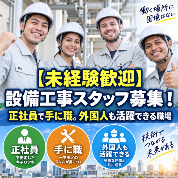 【未経験歓迎】設備工事スタッフ募集！正社員で手に職。外国人も活躍できる職場