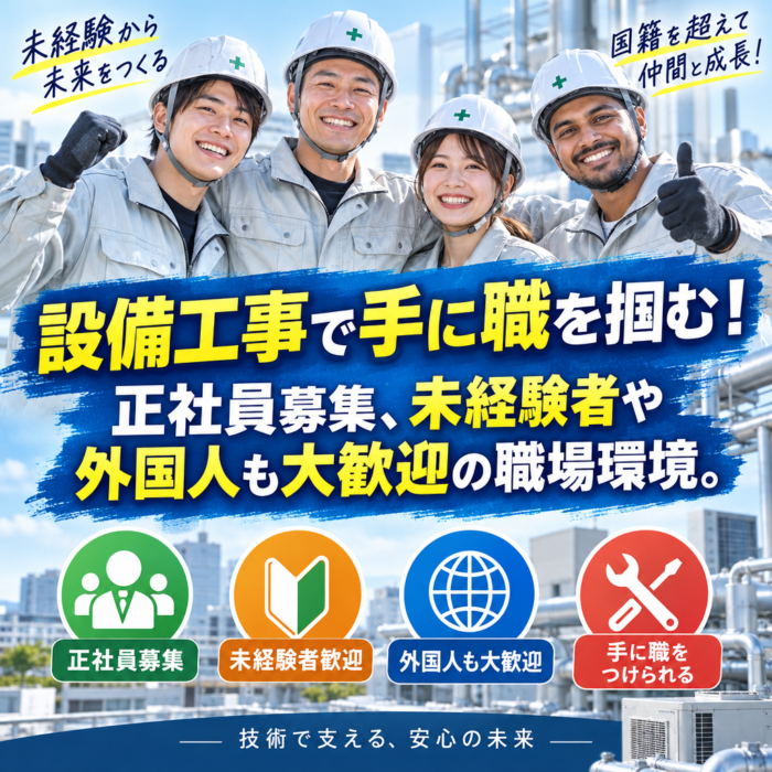 設備工事で手に職を掴む！正社員募集、未経験者や外国人も大歓迎の職場環境。