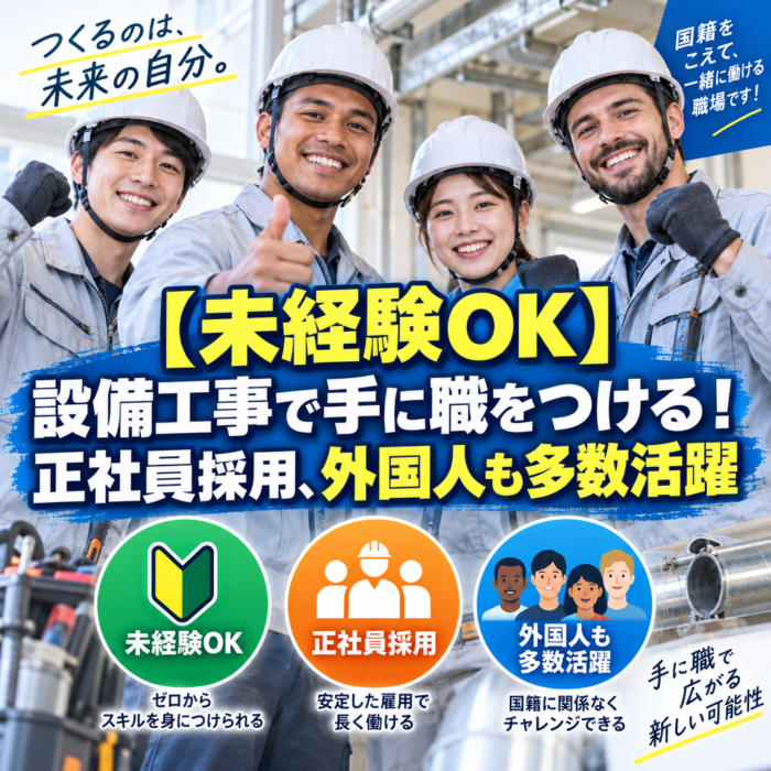 【未経験OK】設備工事で手に職をつける！正社員採用、外国人も多数活躍