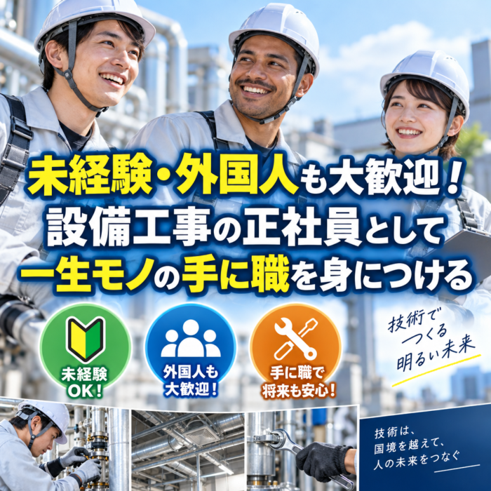 未経験・外国人も大歓迎！設備工事の正社員として一生モノの手に職を身につける